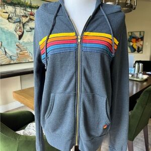 Aviator Nation Blue Gray Hoodie with Colorful Stripes. Size medium